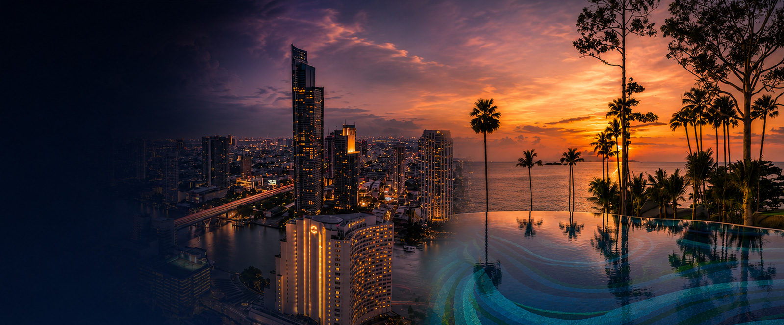 Bangkok skyline merging into a tropical Thailand resort at sunset