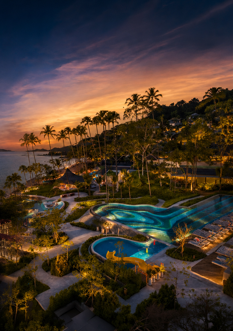 Hyatt Regency Koh Samui pools and tropical gardens at sunset